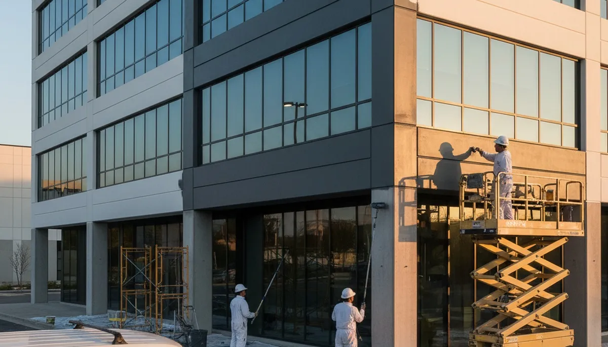 Professional commercial painters working on Raleigh NC office exterior repainting project