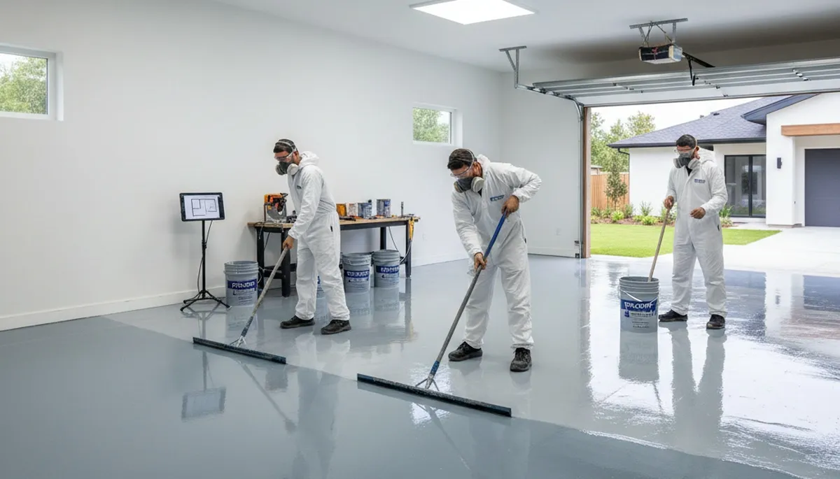 Epoxy floor coating applied by professional painters in Raleigh NC garage for durable finish