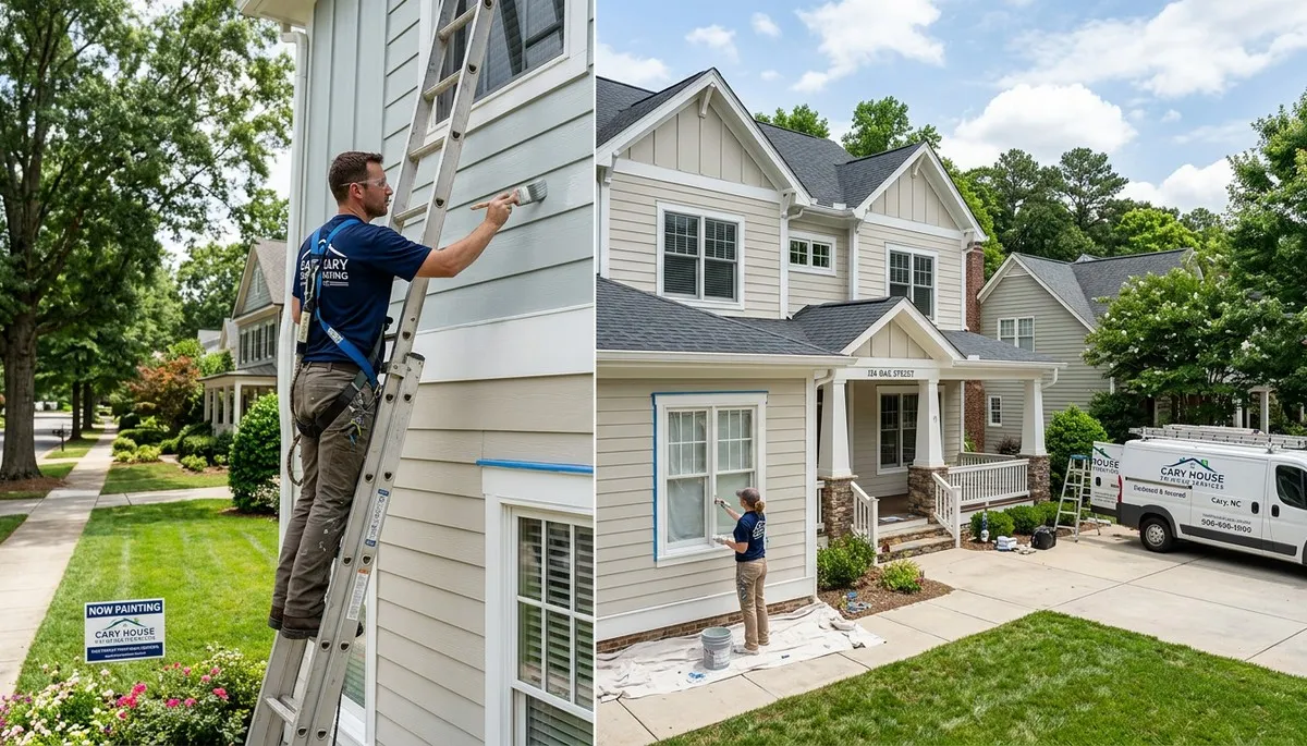 Professional house painters working on residential exterior in Raleigh NC